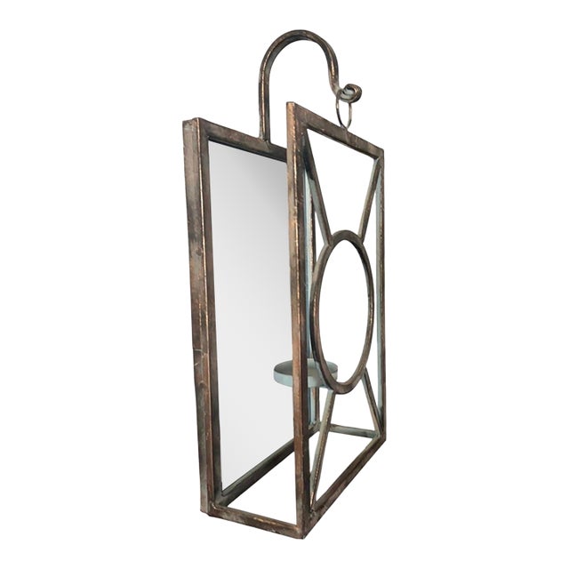 Vintage Palm Beach Regency Patinated Metal & Mirrored Geometric Candle Sconce For Sale
