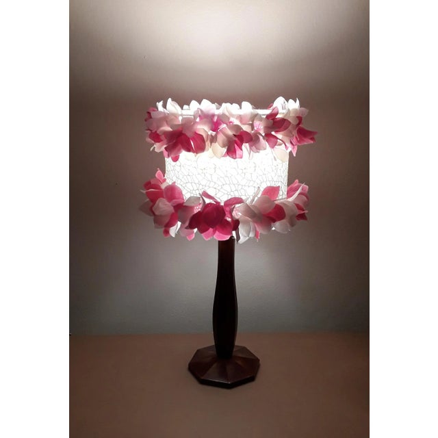 Art Deco Table Lamp in Walnut Wood with a Fabric Screen with Colored Flowers, 1920s For Sale - Image 9 of 11