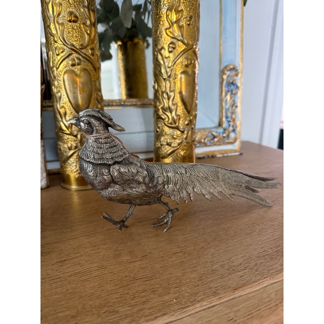 French Pair of Antique French Silvered Metal Pheasants, Large-Scale Decorative Game Birds For Sale - Image 3 of 5