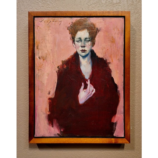 Malcolm Liepke -Melancholic Girl wearing a Red Coat -Oil Painting American Expressionist - Oil painting on canvas - Signed...