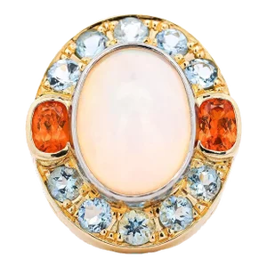 Gia Certified 8 Carat White Opal With Orange Garnet & Aquamarine Halo Ring Size 5.5