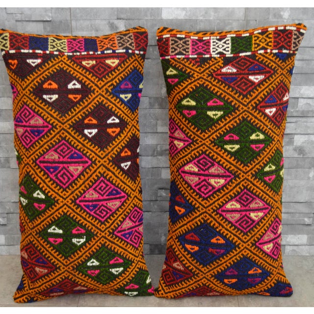 Boho Chic Vintage Turkish Kilim Rug Pillow Covers - A Pair For Sale - Image 3 of 5