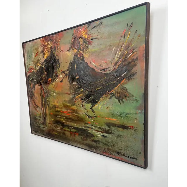 Abstract Alice Marcus " the Cockfight " Oil Painting on Canvas , Signed & Framed 1981 For Sale - Image 3 of 12