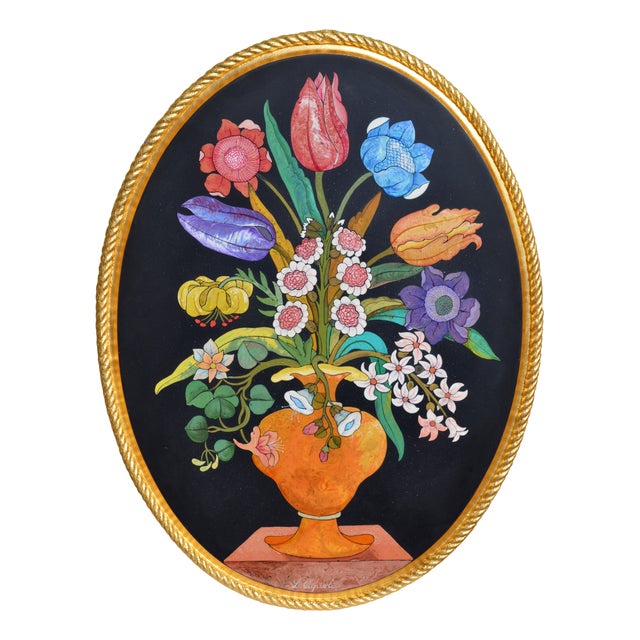 Black Oval Frame Inlay Flowers Scagliola Polychrome and Gold Frame from Cupioli Living For Sale