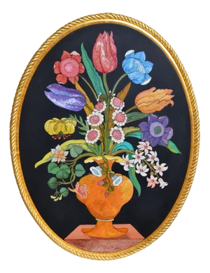 Black Oval Frame Inlay Flowers Scagliola Polychrome and Gold Frame from Cupioli Living