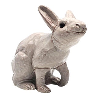 VTG Studio Pottery Rabbit Sculpture White Glaze Glass EyesTerracotta 9" For Sale
