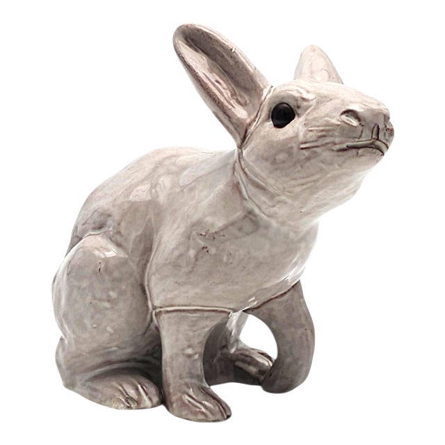VTG Studio Pottery Rabbit Sculpture White Glaze Glass EyesTerracotta 9" For Sale
