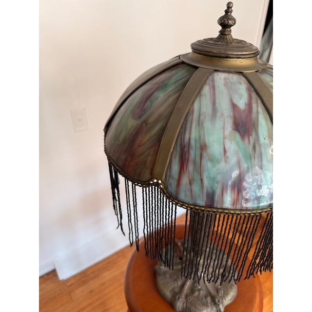 Antique Art Nouveau Slag Glass Table Lamp With Beaded Fringe For Sale In Los Angeles - Image 6 of 10
