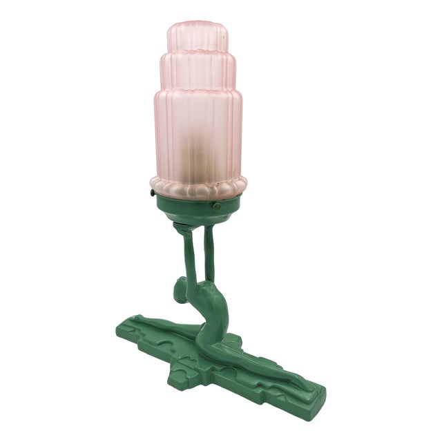 1980s Art Deco Nude Nymph L610 Spelter Frankart Table Lamp by Sarsaparilla W/ Shade For Sale