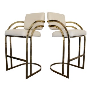 Hollywood Regency Cantilevered Bar Stools in Brass - A Pair For Sale