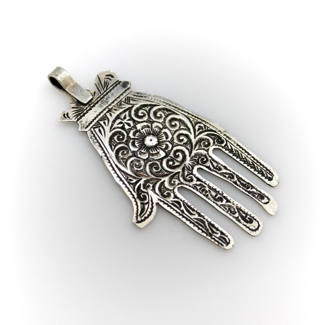 Vintage Berber Hand of Fatima / Hamsa Sterling Silver Pendant With Central Flower Motif For Sale - Image 4 of 9