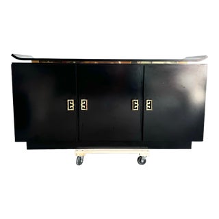 Postmodern Chinoiserie Black Lacquer Laminate Credenza With Gold Handles For Sale