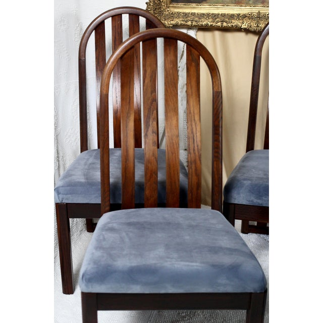 Set of 4 Oak Arched Dining Chairs With Blue Velvet Upholstered Seats For Sale - Image 16 of 16