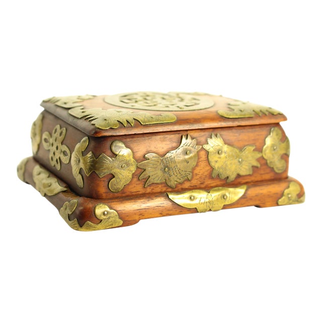 19th Century Boxwood Chinese Box With Brass Overlay, Prosperity "Lu" Sign, Bats & Fish For Sale