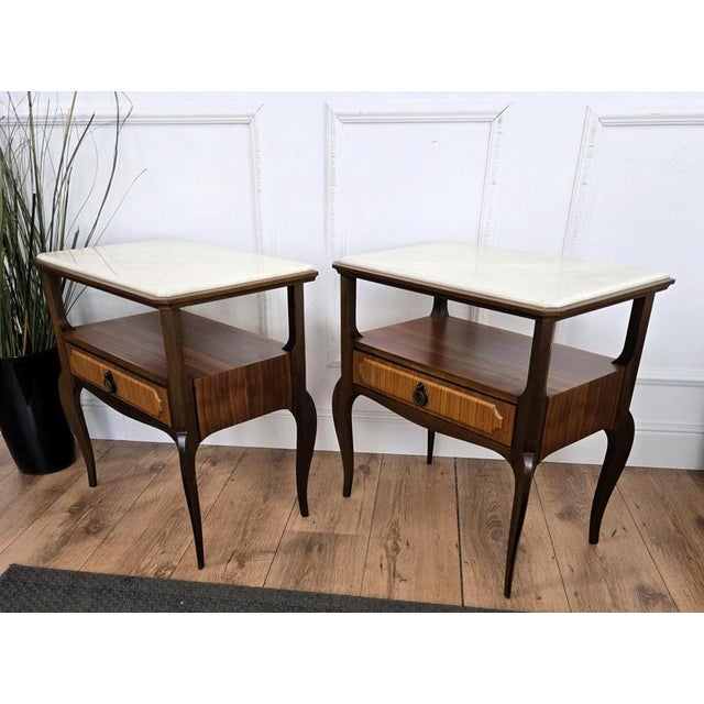 Mid-Century Modern Italian Wood Bedside Tables with Marble Tops, 1950s, Set of 2 For Sale - Image 9 of 10