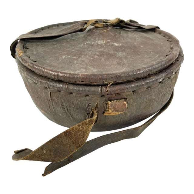 Early 20th Century Small Mesob Lidded Leather Wrapped Lunch Basket Ethiopia For Sale