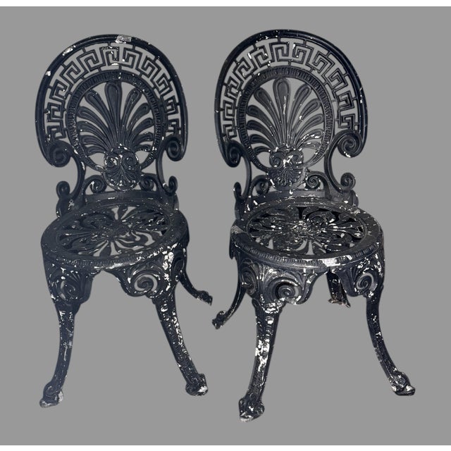 Metal Pair Vintage Cast Aluminum Patio Garden Chairs Greek Key Shell Back Black Metal For Sale - Image 7 of 7