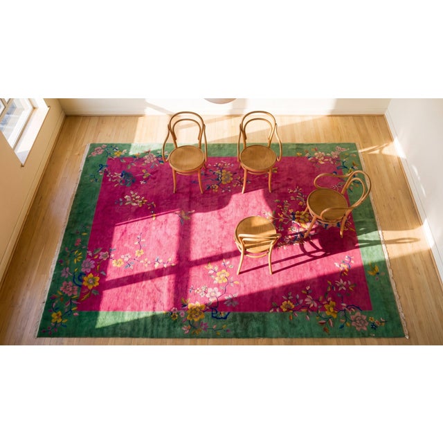 1920s Pink Cerise Floral Vase Antique Chinese Art Deco Carpet 9' X 11' 6'' Knotted Wool Rug For Sale - Image 14 of 15