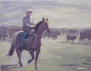 Sean Wu Original Oil Painting Cowboys Grazing on the Ranch