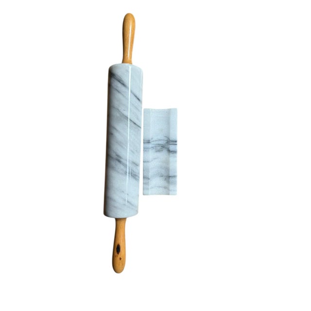 French White Carrerra Marble Rolling Pin With Stand White Gray For Sale - Image 3 of 9