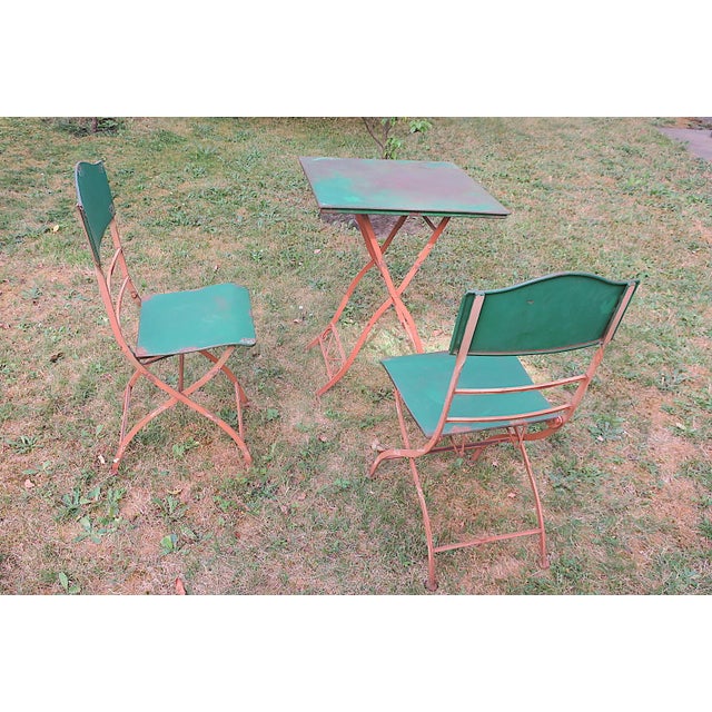 Mid-Century Distressed Painted Iron Garden Table and Chairs, Set of 3 For Sale - Image 17 of 17