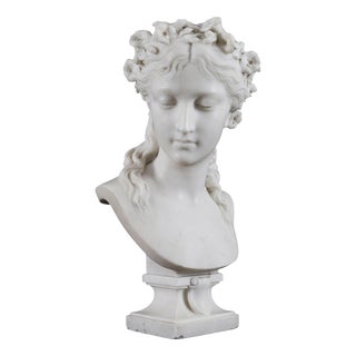 Eugene-Antoine Aizelin, Antique Bust of a Grecian Lady, 19th Century, Carrara Marble For Sale