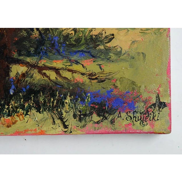 Vintage late 20th century oil on canvas impressionist impasto landscape with one oak tree by Ahuva Shweiki (20th century)...