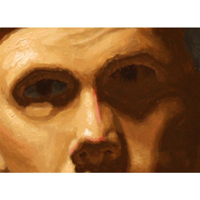 The painting depicts a figure in camouflage attire, gazing directly at the viewer with an intense expression, flanked by...