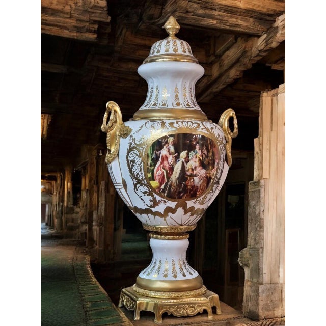 Rococo Antique-Style Porcelain Urn Set on Pedestals Hand-Painted and Gilded For Sale - Image 3 of 4