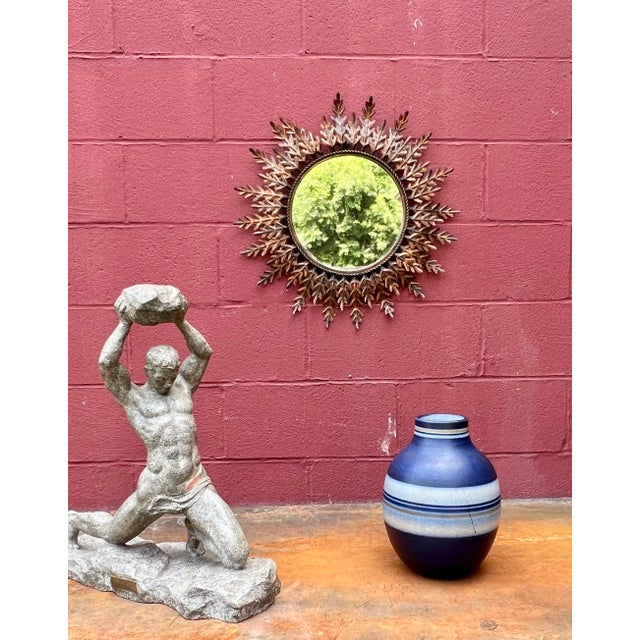 Art Nouveau Spanish 1950's Round Gilt Metal Sunburst Mirror For Sale - Image 3 of 12