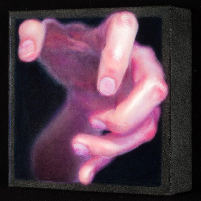 This acrylic on panel artwork captures a dynamic interplay of hands, rendered with a striking blend of colors that evoke a...