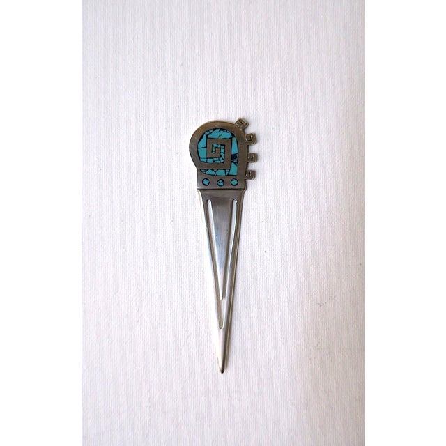 A beautiful and well-made sterling silver and turquoise bookmarker/page marker and letter opener, circa mid to late-20th...