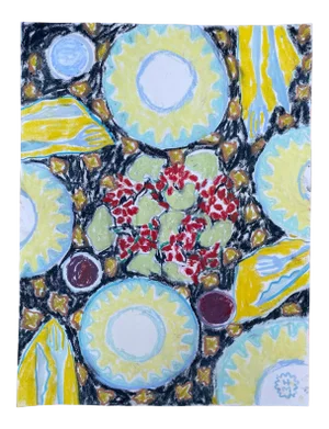Happy Menocal "On the Table" Original Gouache and Pastel Work on Paper, Contemporary Illustration