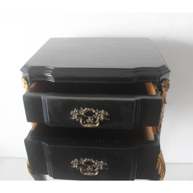Louis XV Style Black Lacquered Nightstand End Side Table Gold Brass Decorative Details For Sale - Image 16 of 18