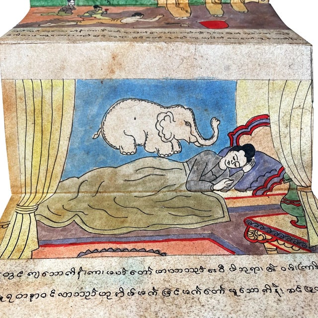 Burmese Illustrated Life of Buddha Parabaik Book For Sale - Image 4 of 6