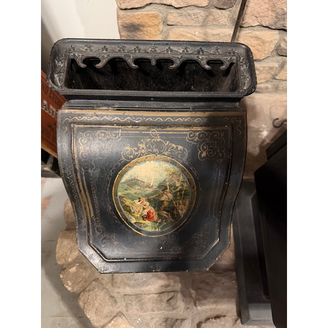 Antique French Tole Painted Coal Scuttle With Pastoral Scenes & Gilt Details For Sale - Image 12 of 12