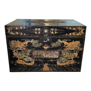 Late 19th Century Chinese Late Qing Dynasty Ebonized and Partial Gilt Decorated Packing Trunk