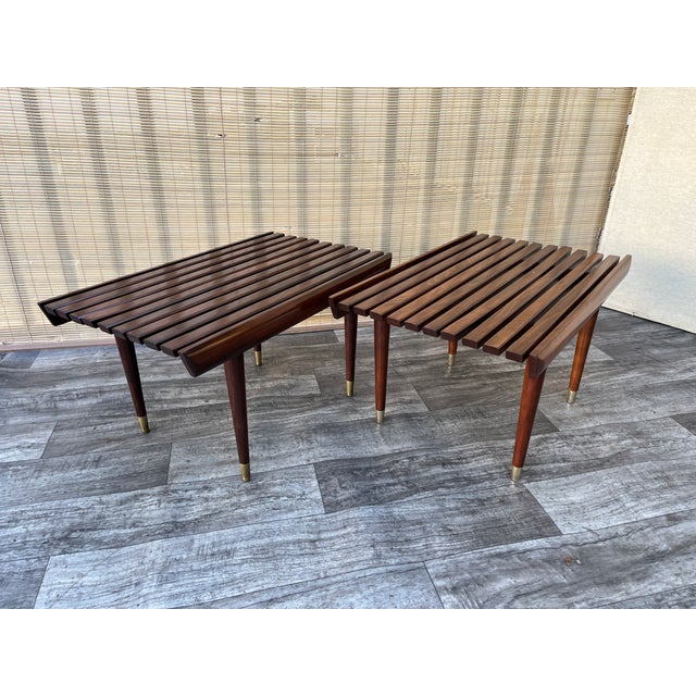 George Nelson A Pair of Newly Restored Mid Century Modern George Nelson Style Wood Slat Benches / Side Tables. For Sale - Image 4 of 18