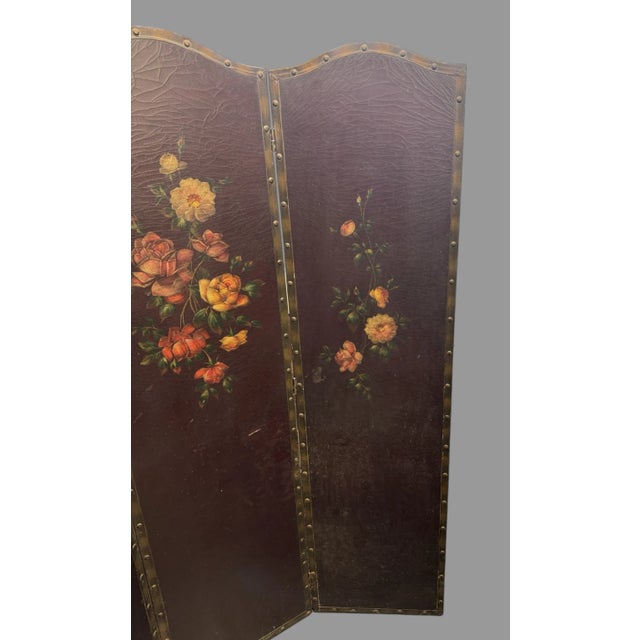 Victorian Antique Hand Painted Floral Decorated Folding Leather Dressing Screen For Sale - Image 3 of 9