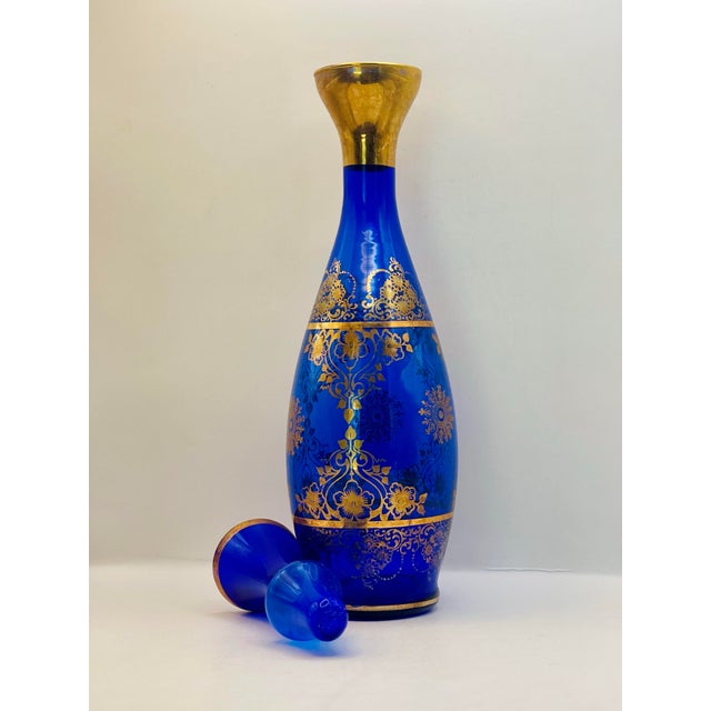 Art Nouveau Early 20th Century Bohemian Glass Blue & Gold Decanter Set- 6 Glasses & Decanter For Sale - Image 3 of 11