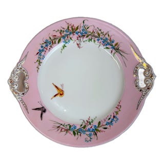 Antique French Floral & Butterfly Pink Limoges Porcelain Cake Plate For Sale