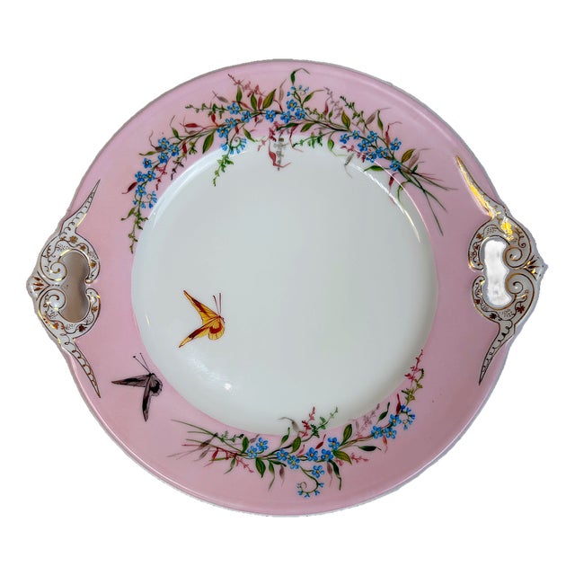 Antique French Floral & Butterfly Pink Limoges Porcelain Cake Plate For Sale