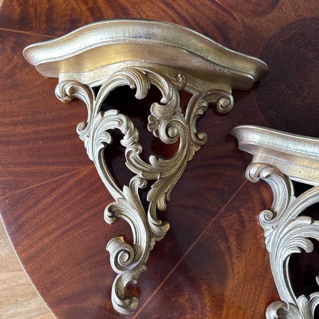 Syroco Wood 1980s Set of Two Syroco Wood Shelves, Sconces, Gold For Sale - Image 4 of 11