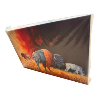 Rare Canvass of Bison, Artwork by Leonard Peltier in Federal Prison. For Sale