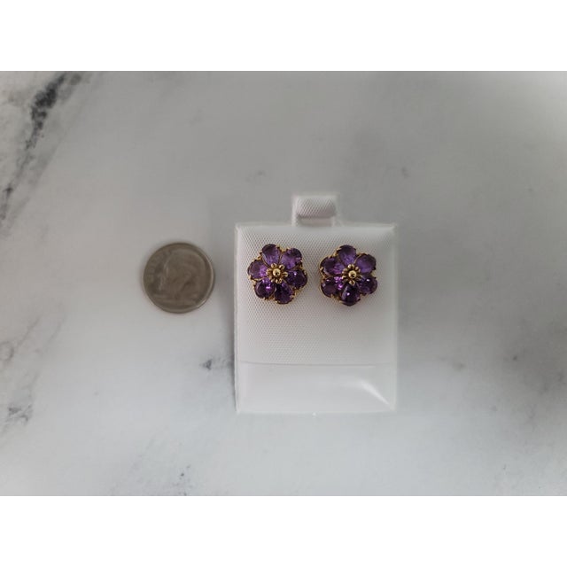 Contemporary Amethyst Flower Shaped Studs 14k Yellow Gold, 2 Pieces For Sale - Image 3 of 3