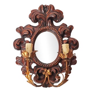 Baroque Style Hand-Carved Gold Leaf Wall Lamp with Mirror, 1960s For Sale