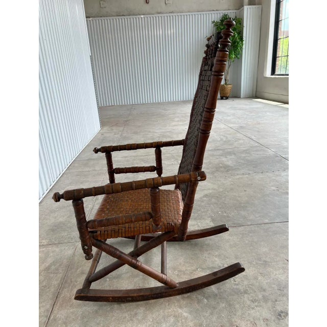 Early 20th Century Antique Rustic Rocking Chair, Wooden With Woven Seat For Sale - Image 4 of 10