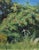 This oil painting captures a lush apple tree, its branches heavy with ripe fruit, set against a vibrant blue sky. The...