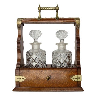 Vintage Crystaline Carafes in Oak and Brass, 1960, Set of 2 For Sale