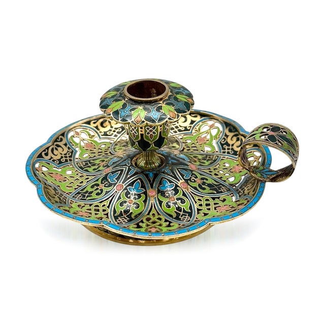 19th Century Antique French Import Silver Gilt qnd Champlevé Enamel Candleholder For Sale - Image 6 of 6